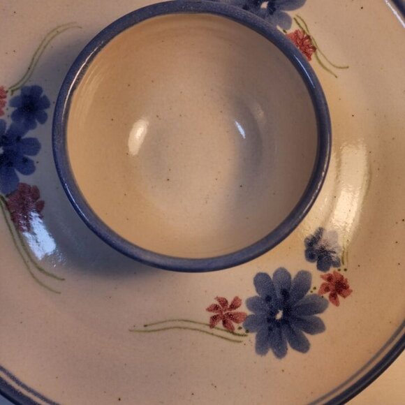 Handcrafted Stoneware Pottery Floral Chip & Dip Bowl Blue Ivory Signed Glazed - Picture 5 of 10